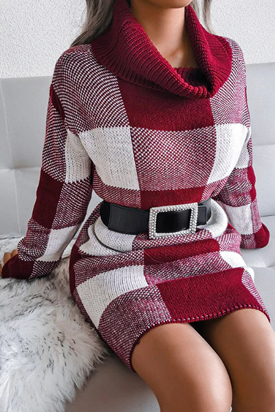 Casual Plaid Split Joint  Contrast Turtleneck Pencil Skirt Dresses Sweater (Without Belt) - Panekey