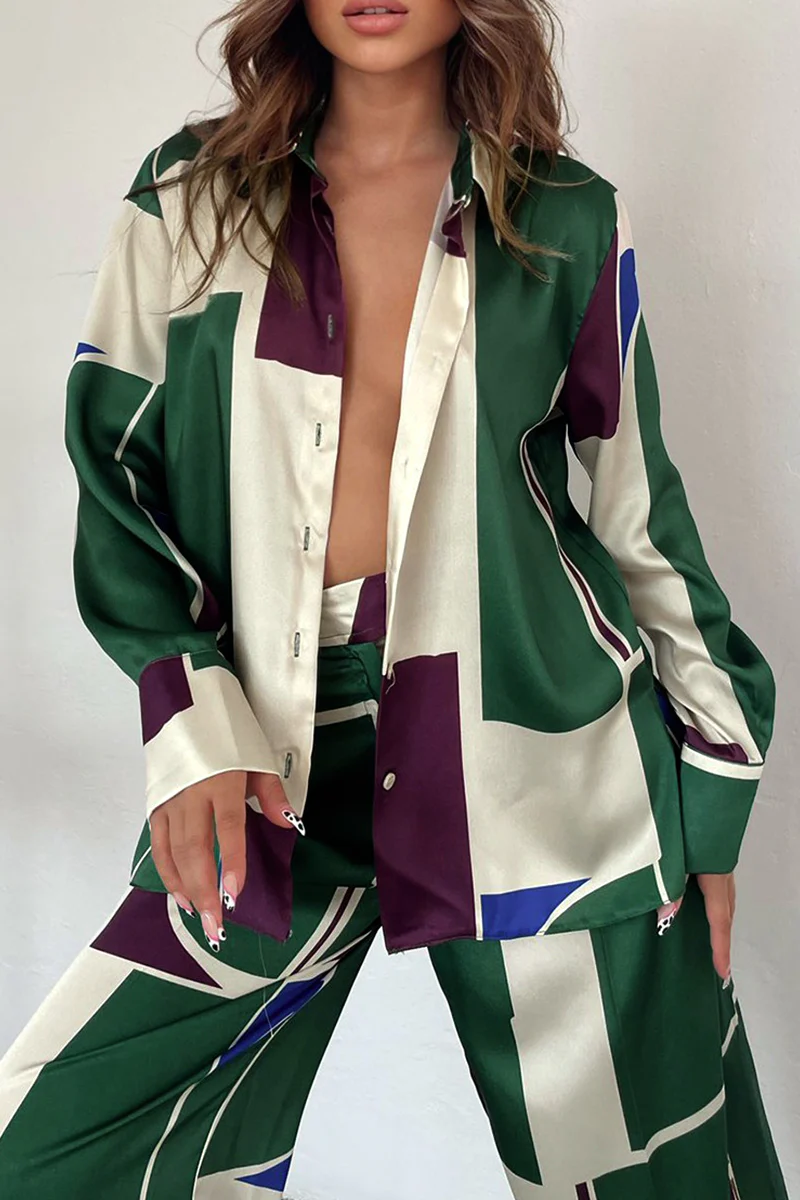 Casual Geometric Printing Turndown Collar Long Sleeve Two Pieces - Panekey