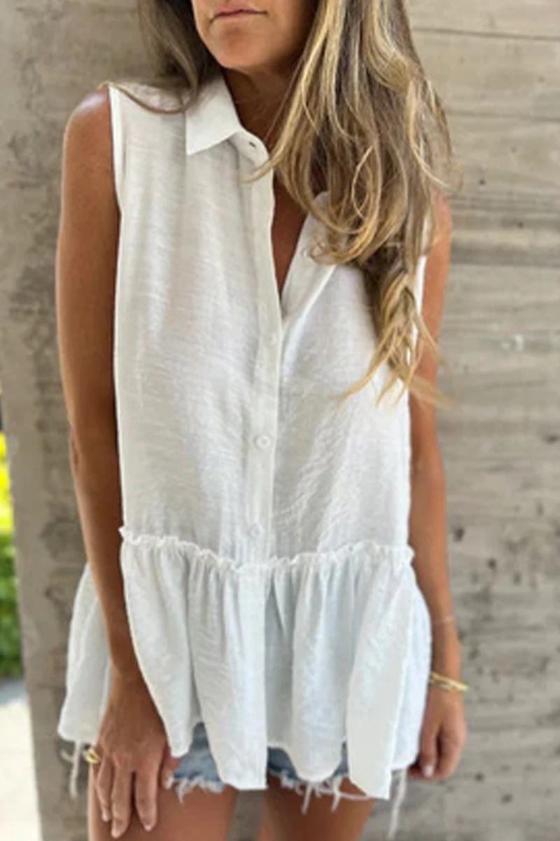 Casual Buttons Pleated Flounce Turndown Collar Blouses(3 Colors) - Panekey