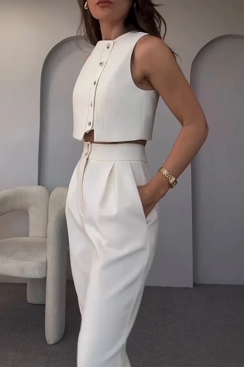 Casual Pocket Buttons O Neck Sleeveless Two Pieces - Panekey