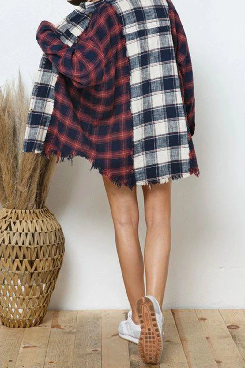 Casual Plaid Patchwork Turndown Collar Tops - Panekey