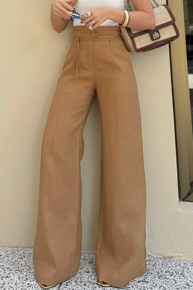Casual Daily Solid Color Pocket Lace Up Buttons Loose High Waist Speaker Solid Color Bottoms - Panekey