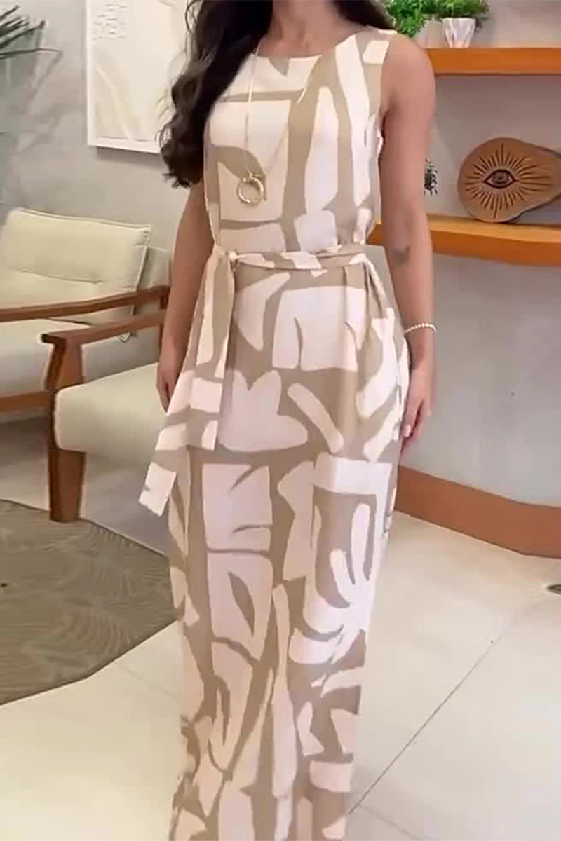 Casual Geometric Print Pocket Frenulum Slit O Neck Sleeveless Dress Dresses - Panekey