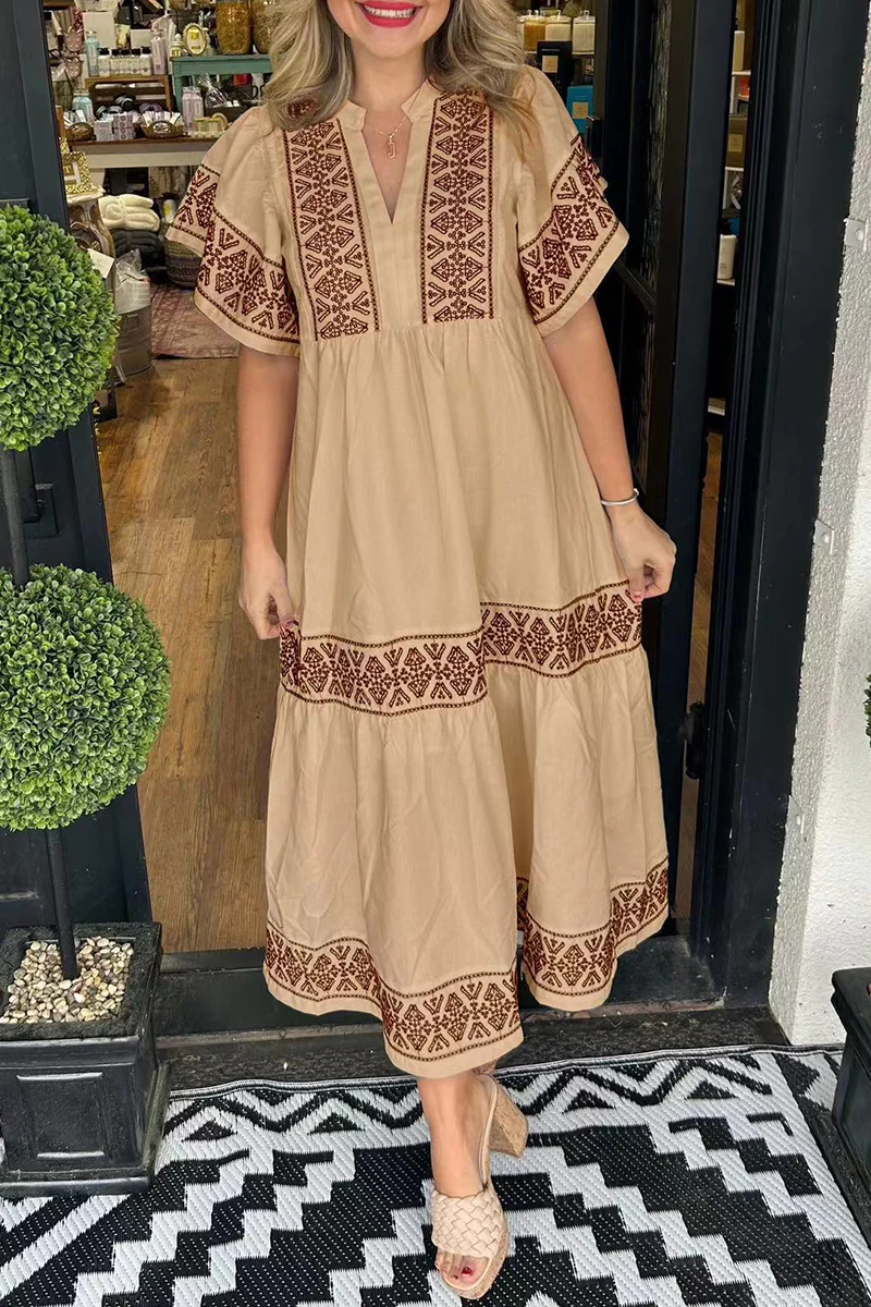 Casual Geometric Print Patchwork V Neck A Line Short Sleeve Dress(7 Colors) - Panekey