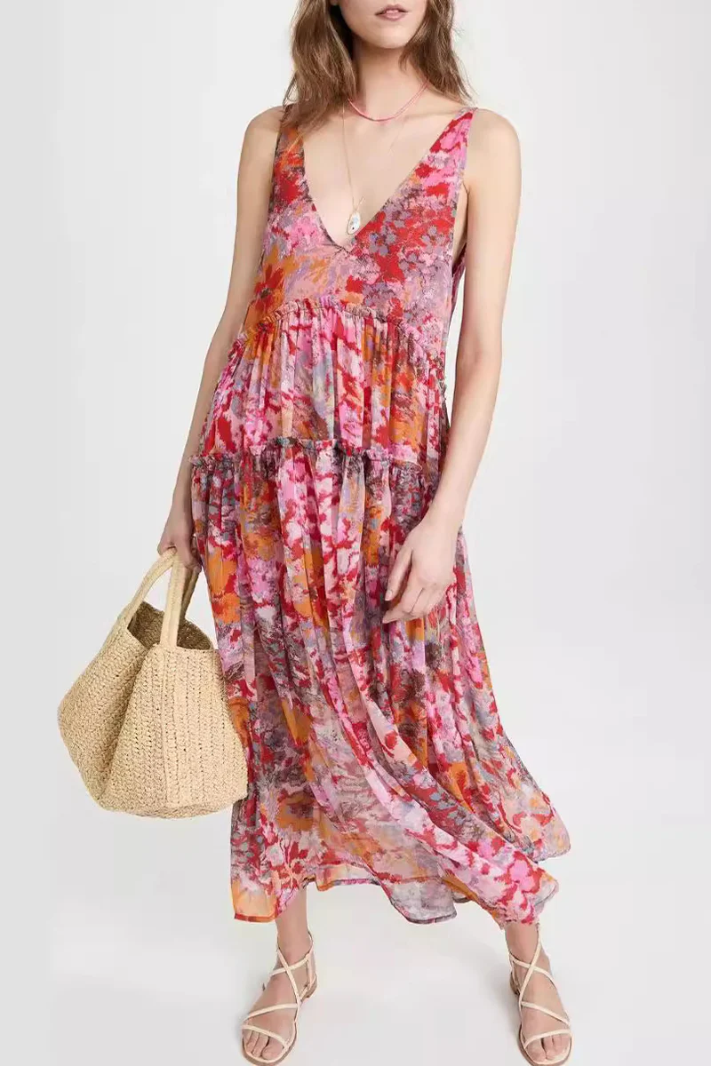 Casual Floral Fold V Neck Sleeveless Dresses - Panekey