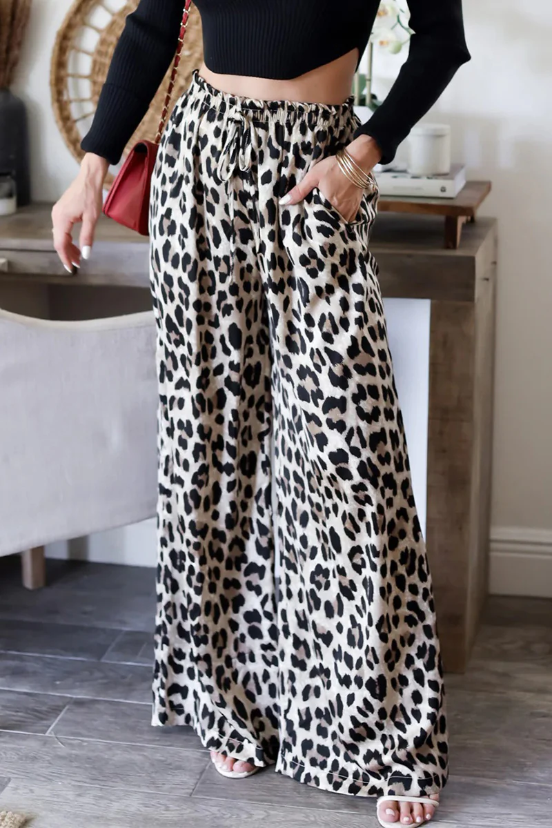 Casual Leopard Pocket Lace Up Loose High Waist Wide Leg Full Print Bottoms - Panekey