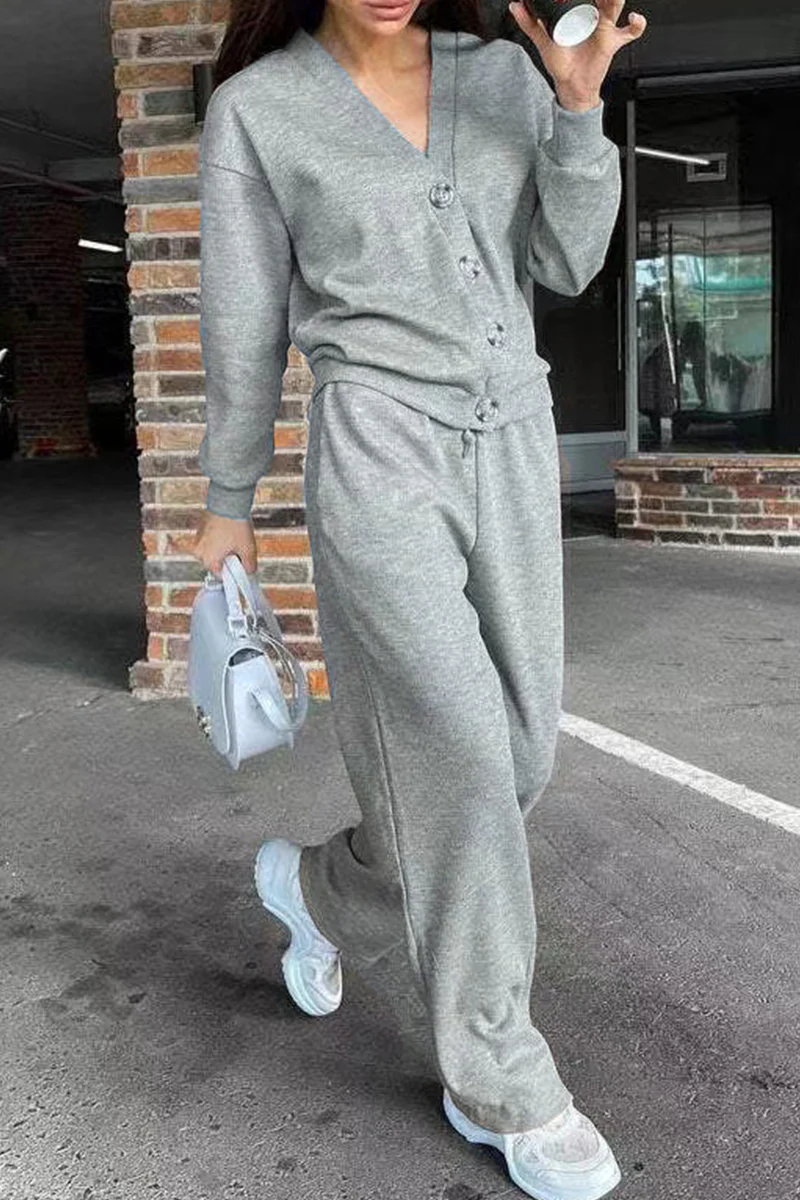 Casual Daily Solid Color Pocket Lace Up Buttons V Neck Long Sleeve Two Pieces(5 Colors) - Panekey