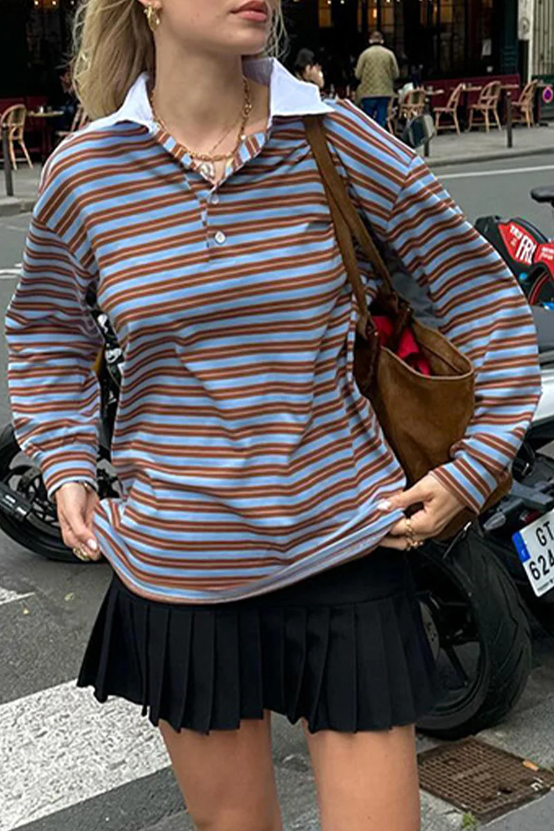 Casual Daily Striped Print Buttons Contrast Turndown Collar Tops - Panekey