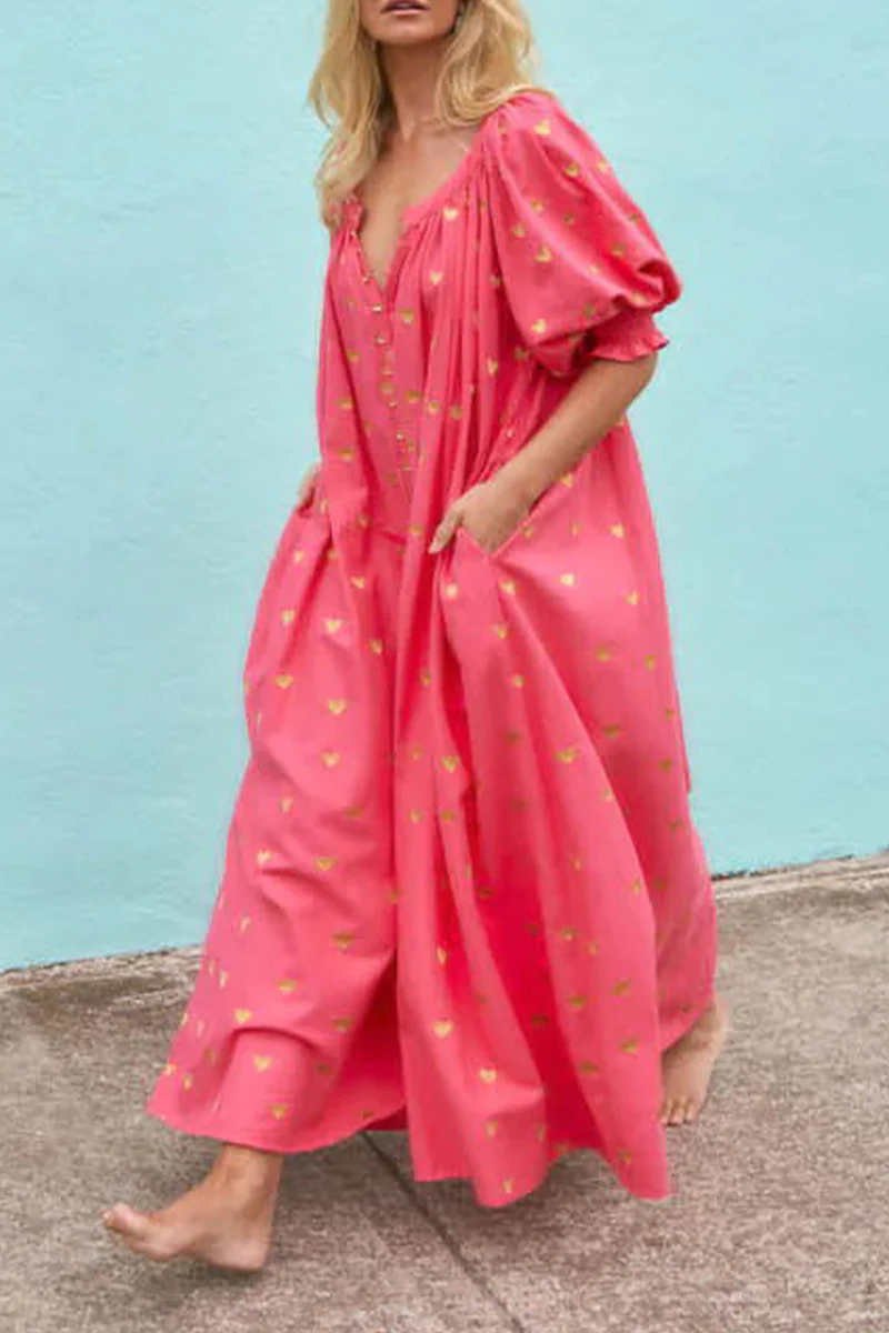 Casual Love Print Pocket Frenulum V Neck A Line Dresses - Panekey