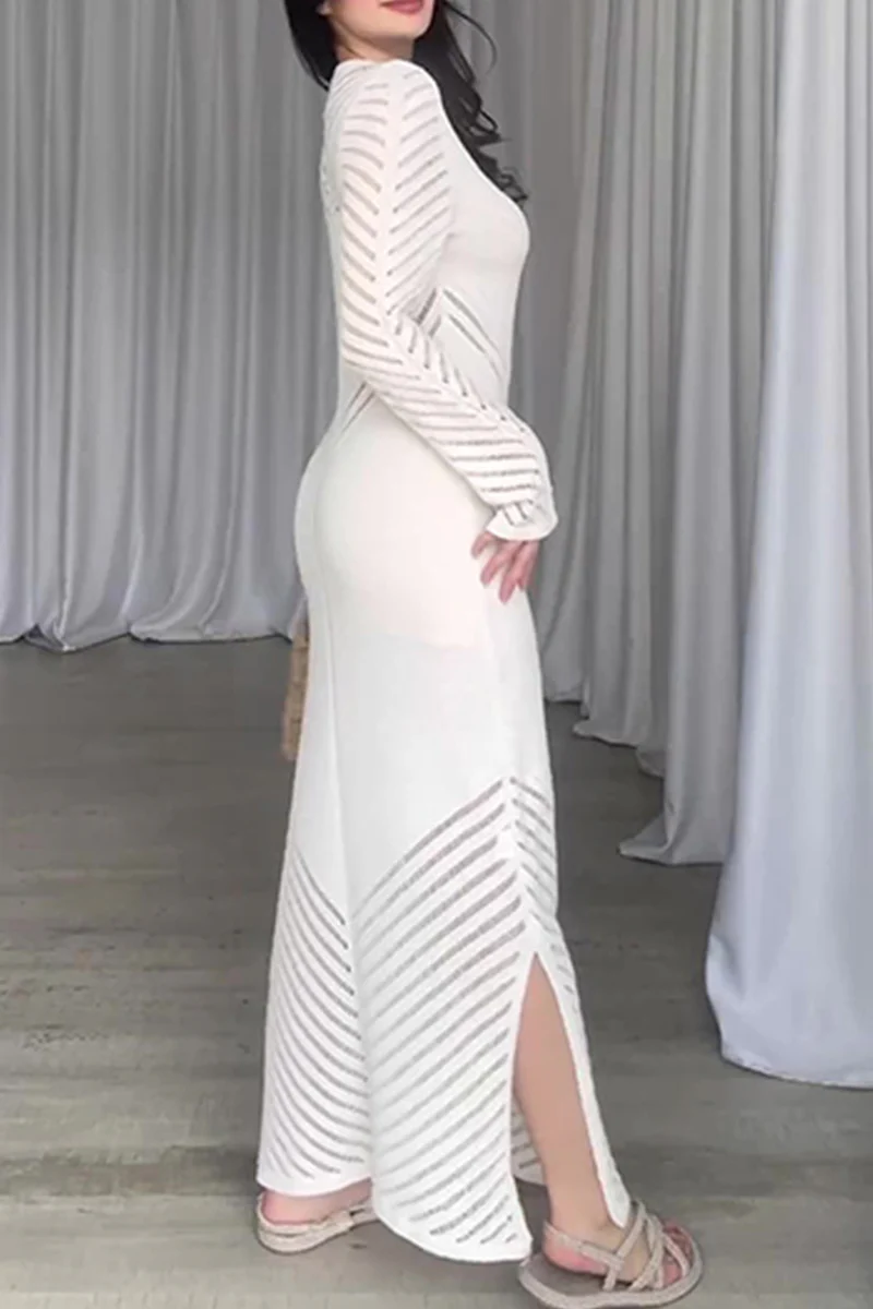 Casual Daily Solid Color Hollow Out Stringy Selvedge O Neck Wrapped Skirt Dresses - Panekey