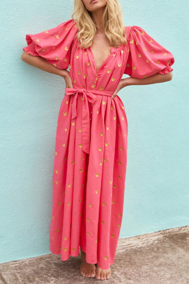 Casual Love Print Pocket Frenulum V Neck A Line Dresses - Panekey