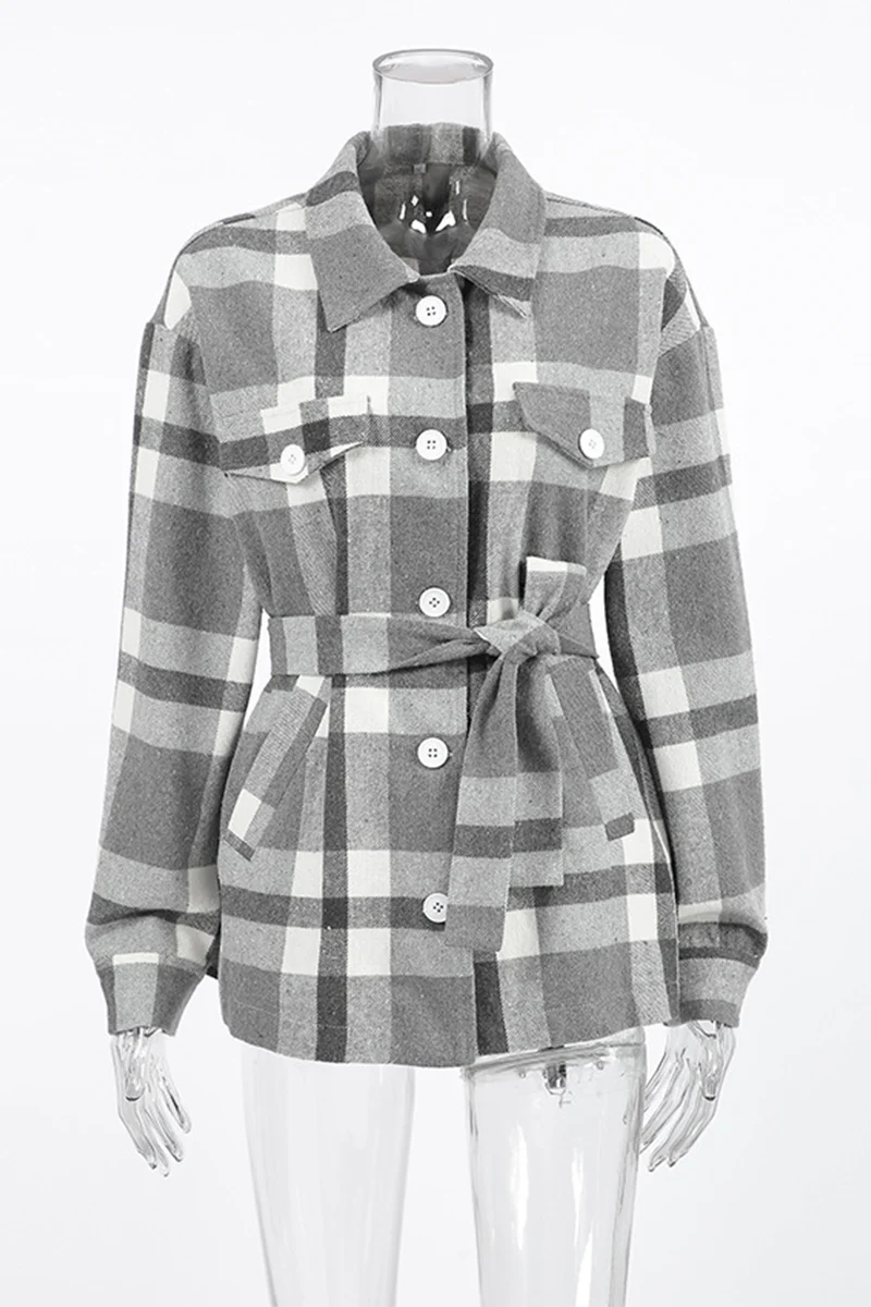 Casual Plaid Lace Up Buttons Contrast Gross Turndown Collar Outerwear - Panekey