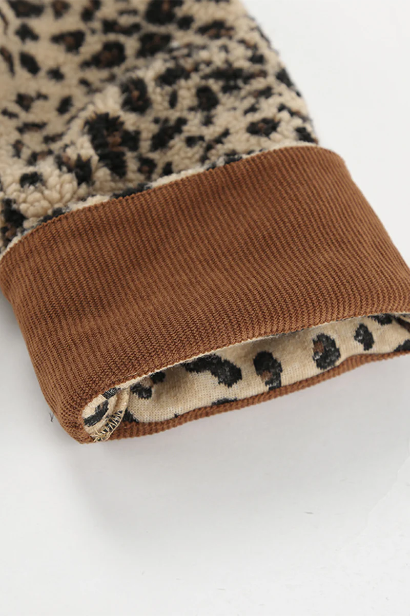 Casual Leopard Pocket Buttons Patchwork O Neck Outerwear - Panekey