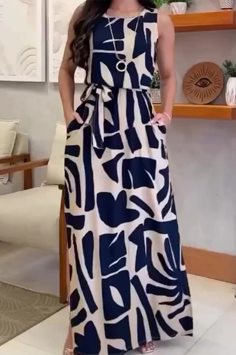 Casual Geometric Print Pocket Frenulum Slit O Neck Sleeveless Dress Dresses - Panekey