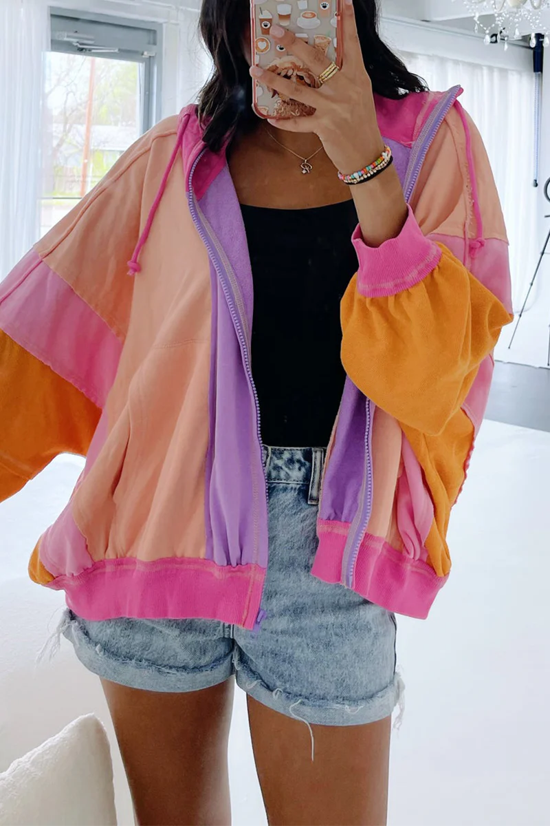 Casual Colorblock Patchwork Contrast Hooded Tops - Panekey