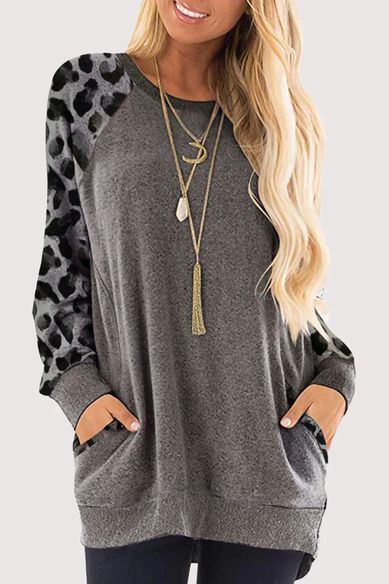 Casual Leopard Split Joint Pocket O Neck Tops - Panekey