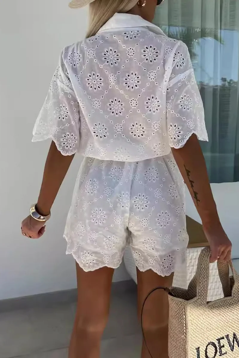Casual Embroidered Hollow Out Turndown Collar Loose Rompers - Panekey