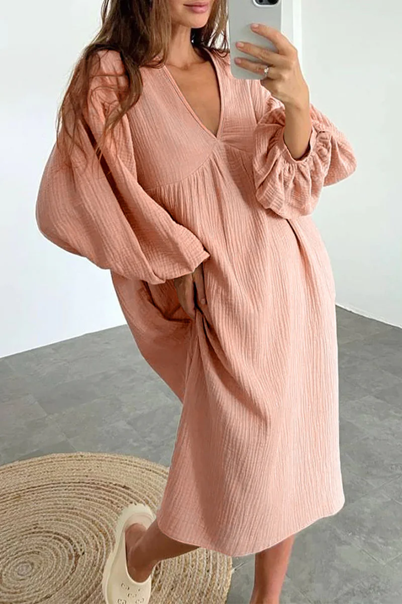 Casual Living Solid Pocket V Neck Long Sleeve Dresses - Panekey