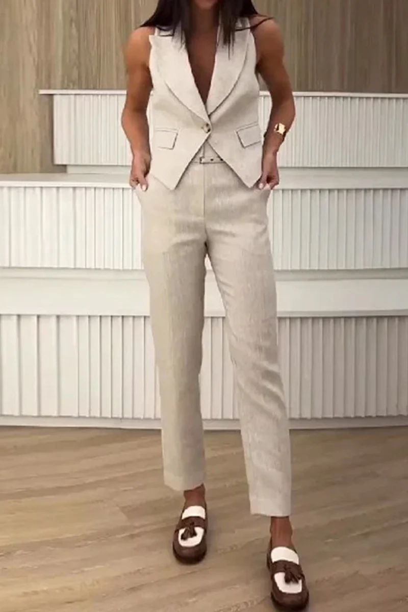 Casual Daily Solid Color Buttons Turn-back Collar Sleeveless Two Pieces(3 Colors) - Panekey