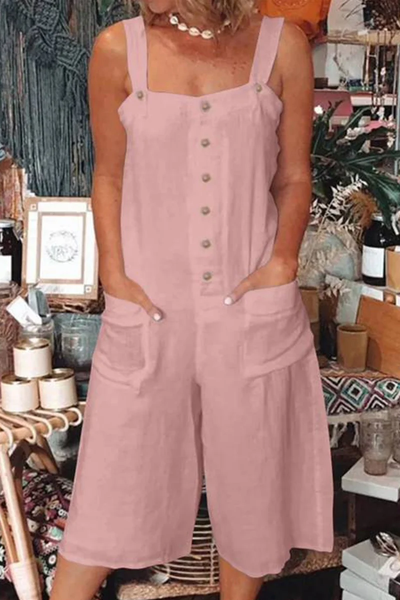 Casual Daily Solid Pocket Buttons Square Collar Loose Rompers - Panekey