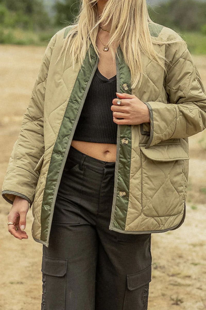 Casual Color Block Buckle Contrast O Neck Outerwear - Panekey