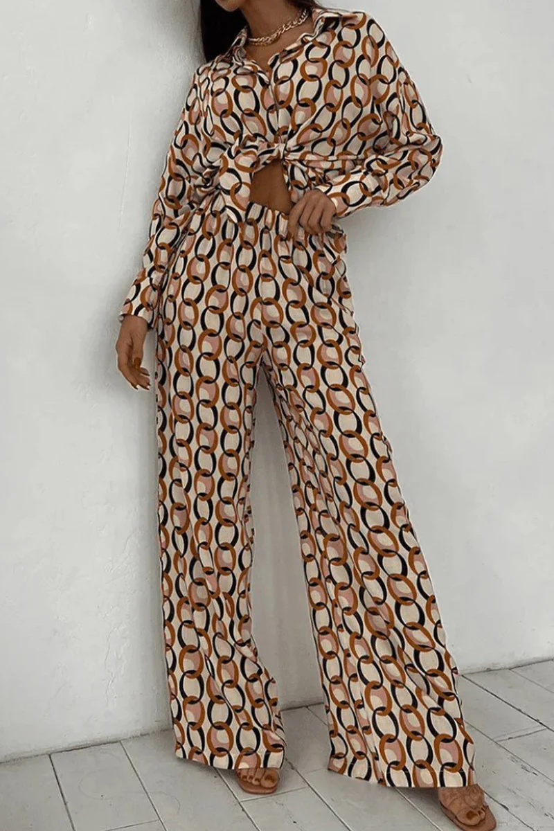 Casual Geometric Print Buttons Turndown Collar Long Sleeve Two Pieces - Panekey