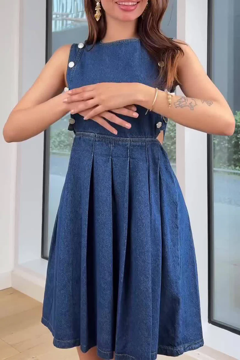 Casual Hollow Out Ruched Zipper O Neck Sleeveless Denim Dresses - Panekey