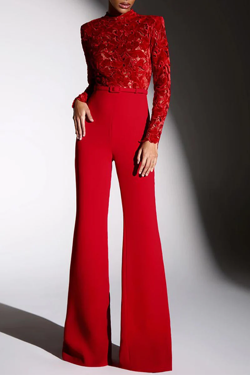 Casual Lace Half A Turtleneck Regular Jumpsuits - Panekey