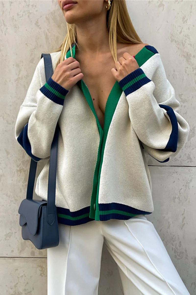 Casual Color Block Contrast V Neck Tops - Panekey