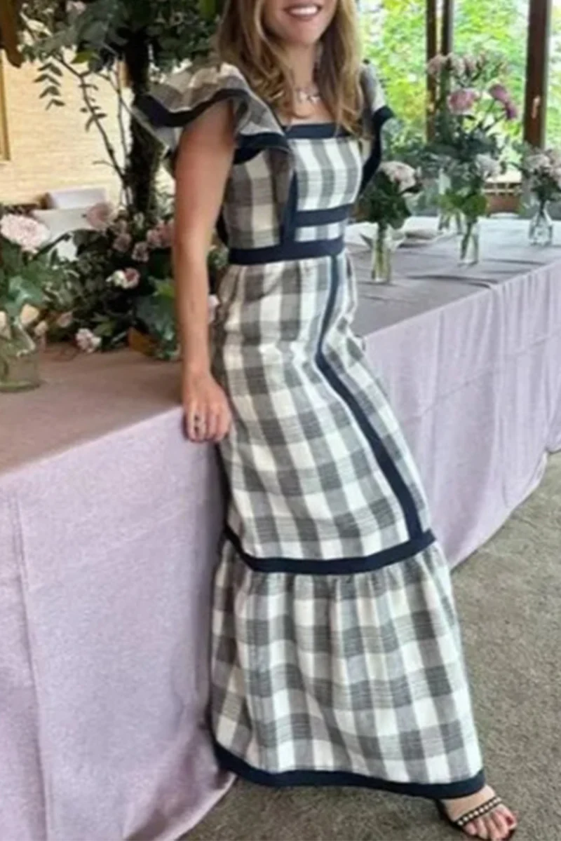 Casual Elegant Plaid Patchwork Flounce Square Collar A Line Dresses(3 Colors) - Panekey