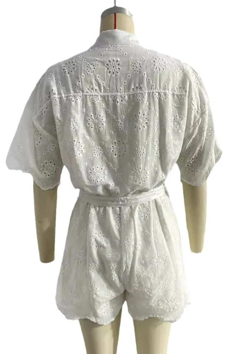 Casual Embroidered Hollow Out Turndown Collar Loose Rompers - Panekey