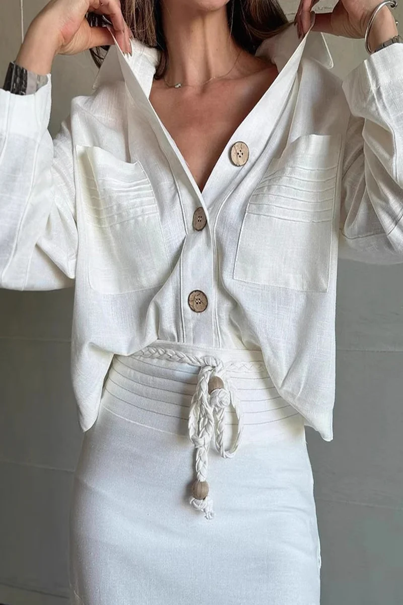 Casual Lace Up Buttons Turndown Collar Long Sleeve Two Pieces - Panekey