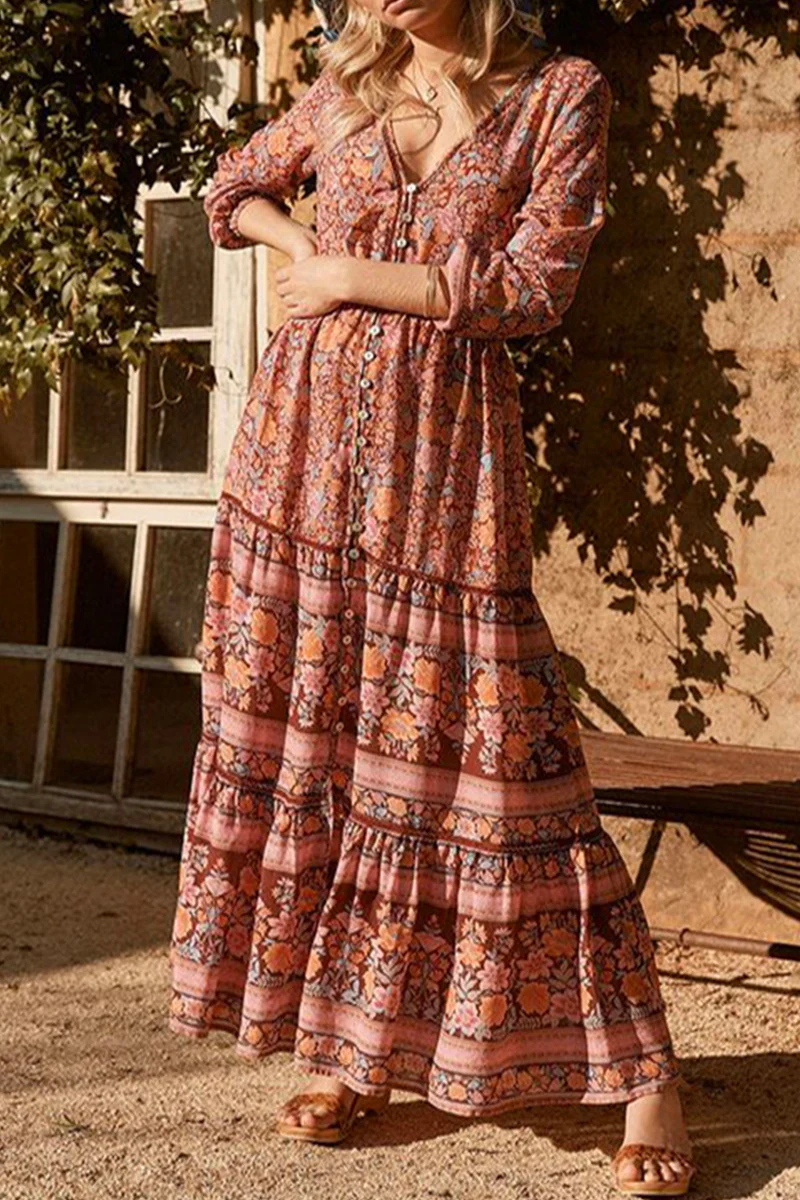 Bohemian College Floral Hollowed Out V Neck Printed Dress Dresses - Panekey