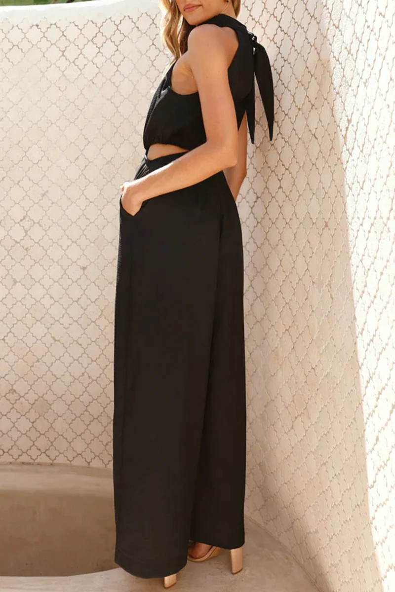 Casual Hollow Out Pocket Halter Loose Jumpsuits(4 Colors) - Panekey