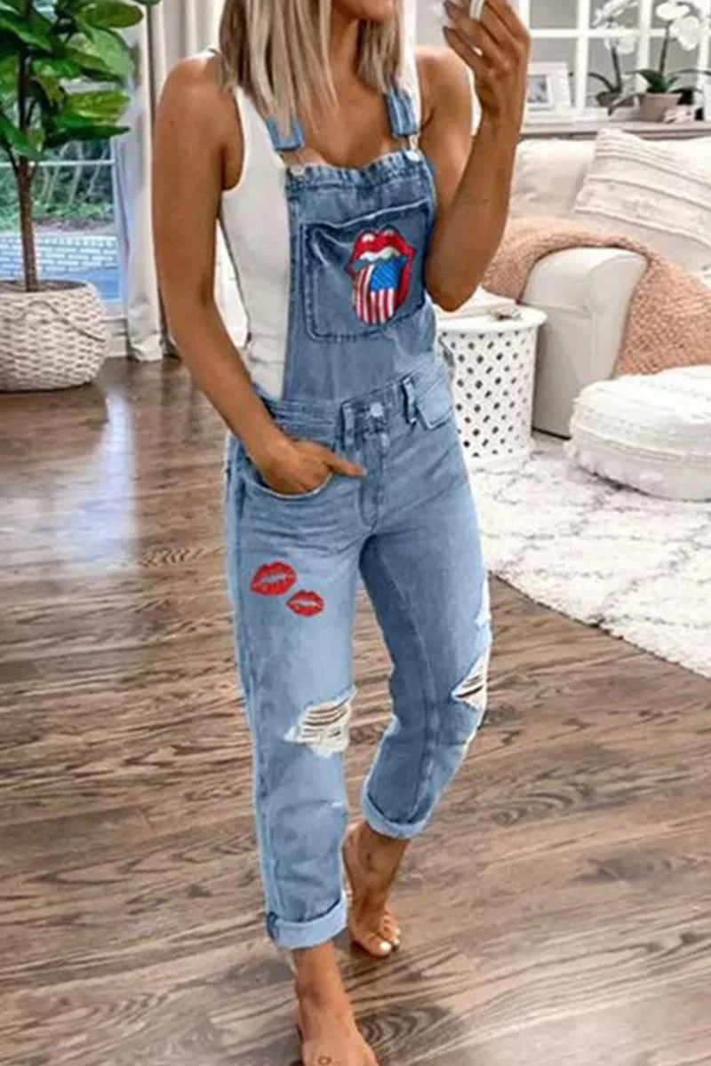 Casual Lips Printed Square Collar Harlan Jumpsuits - Panekey