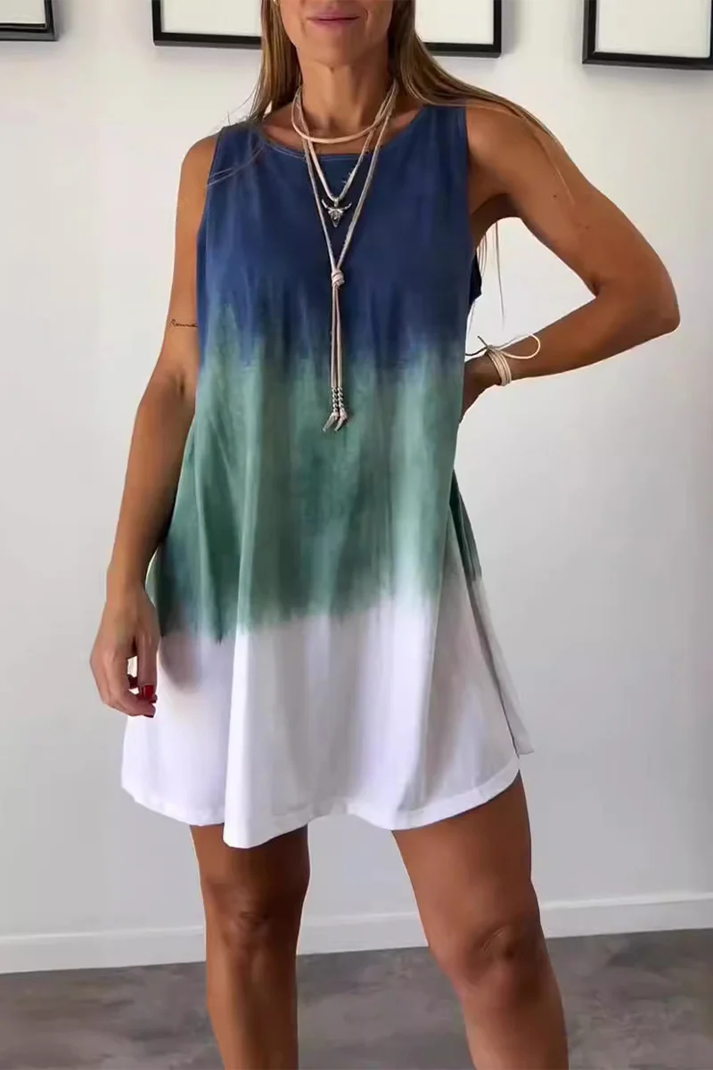 Casual Gradient Print Tie Dye Contrast O Neck Sleeveless Dresses - Panekey