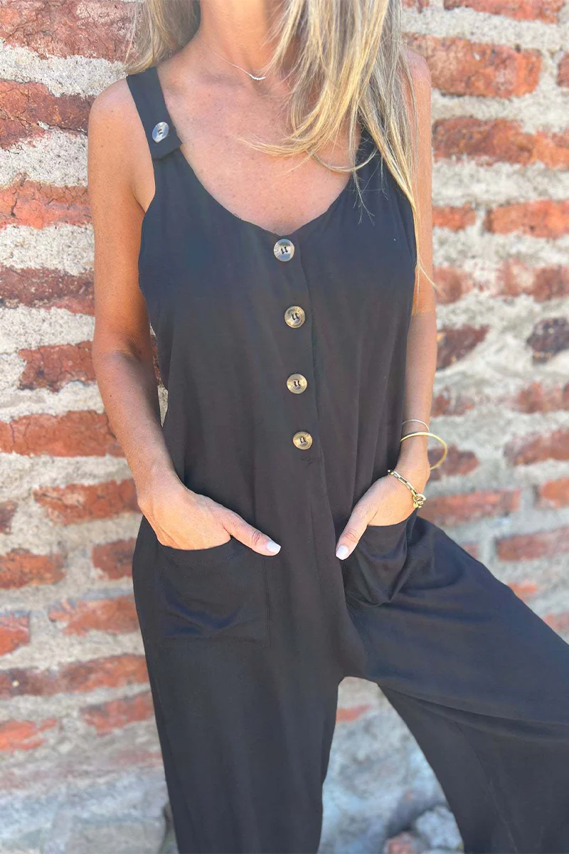 Casual Pocket Buttons Backless U Neck Boot Cut Jumpsuits(3 Colors) - Panekey