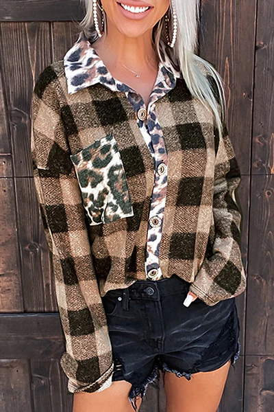 Casual Plaid Leopard Buckle Turndown Collar Tops - Panekey