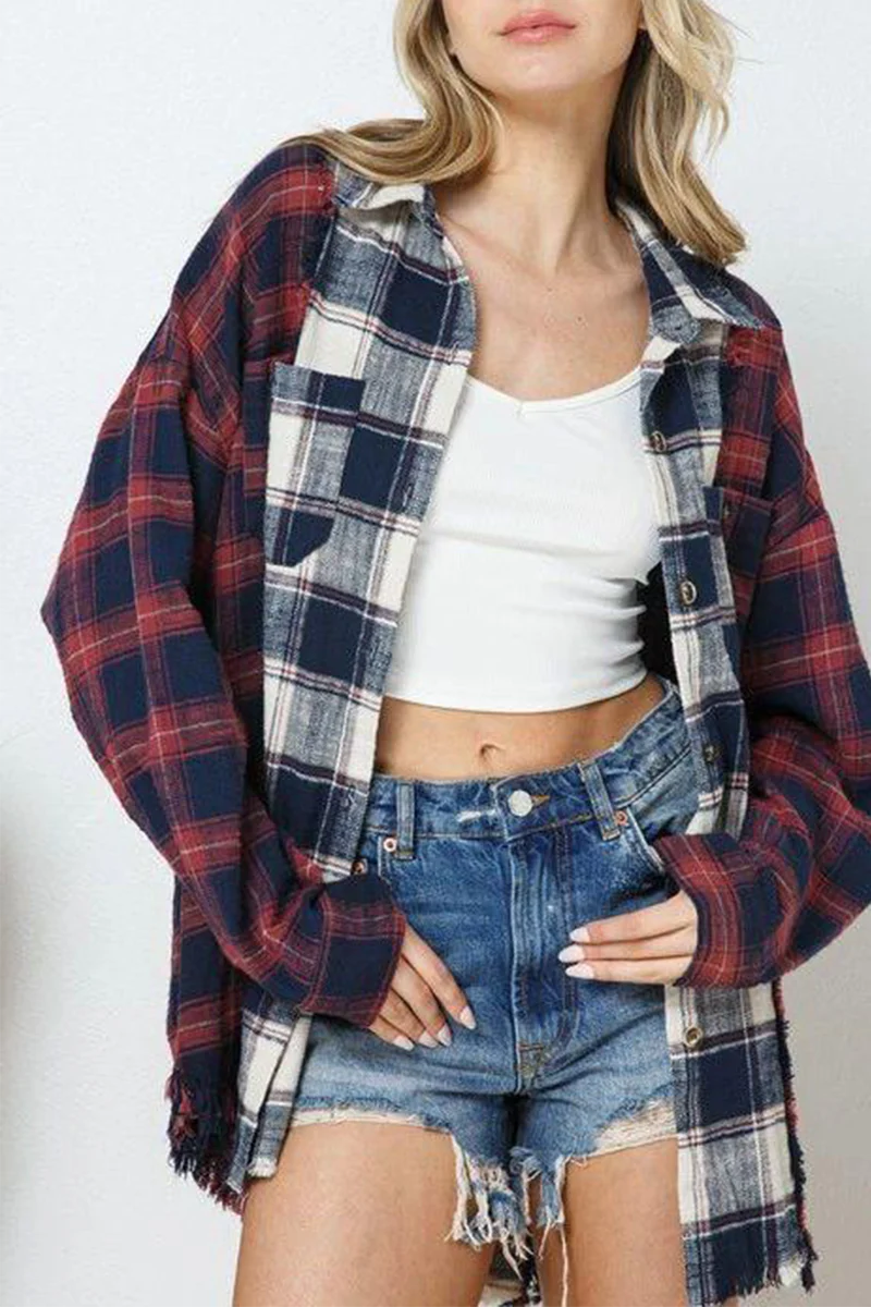 Casual Plaid Patchwork Turndown Collar Tops - Panekey