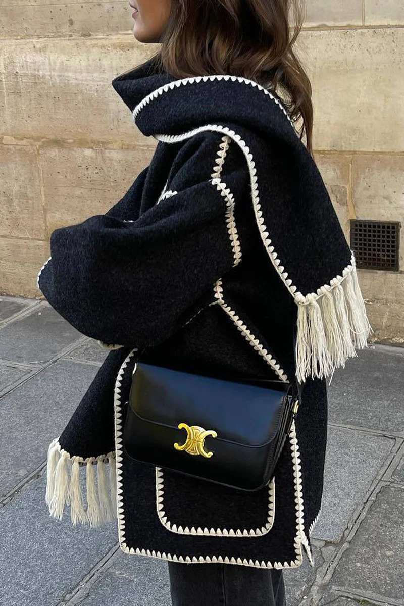 Casual British Style Solid Tassel Contrast Scarf Collar Outerwear - Panekey