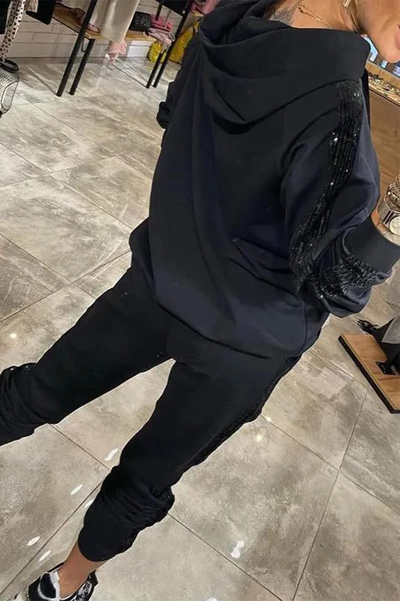 Casual Daily Sequins Draw String Pocket Hooded Long Sleeve Two Pieces(5 Colors) - Panekey