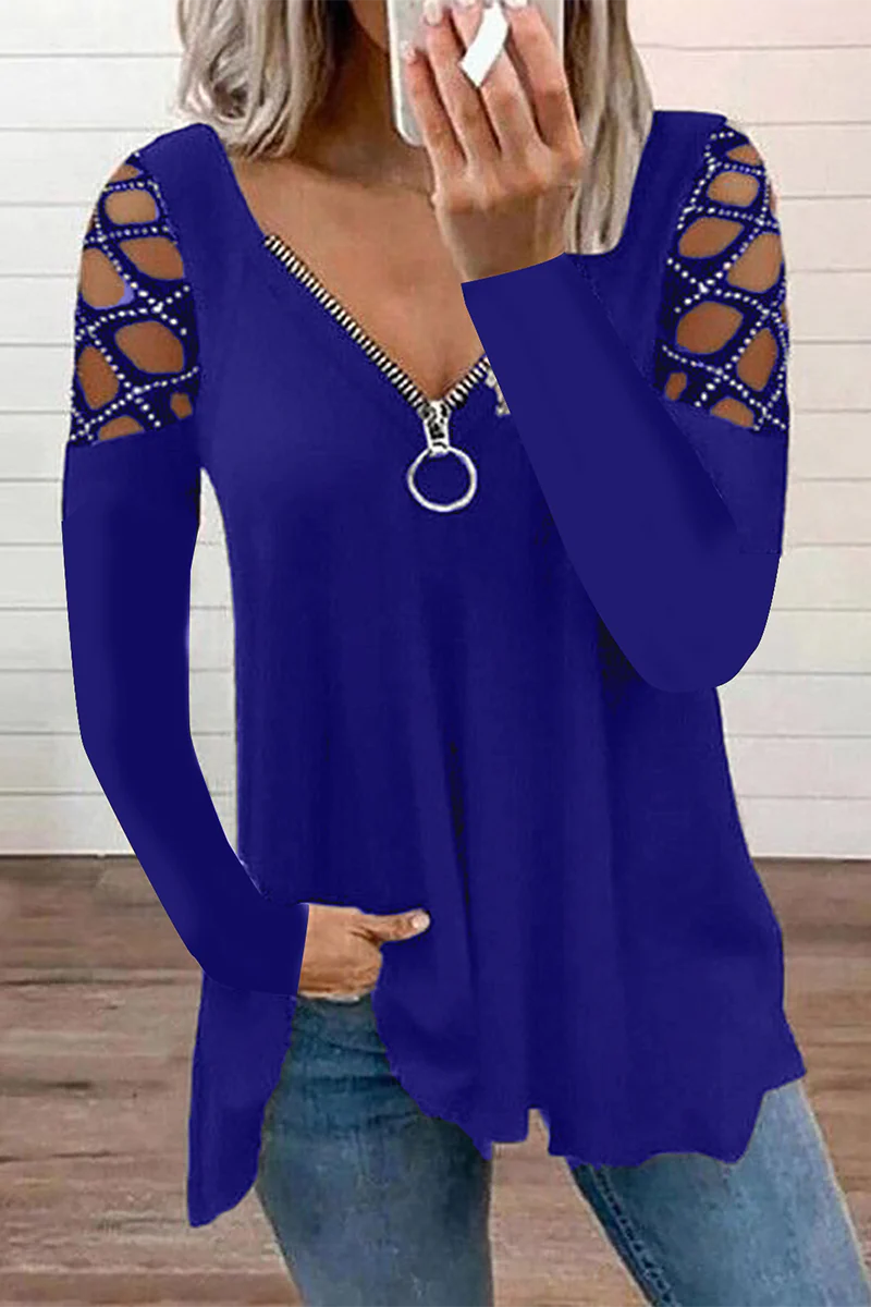 Casual Patchwork Hollowed Out Hot Drill Zipper Collar Tops(7 Colors) - Panekey