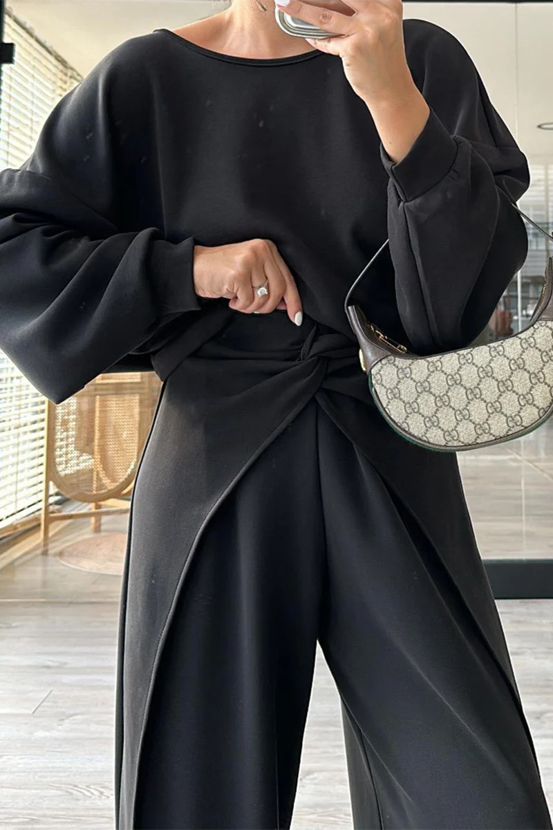 Casual Pocket Backless O Neck Long Sleeve Two Pieces(3 Colors) - Panekey