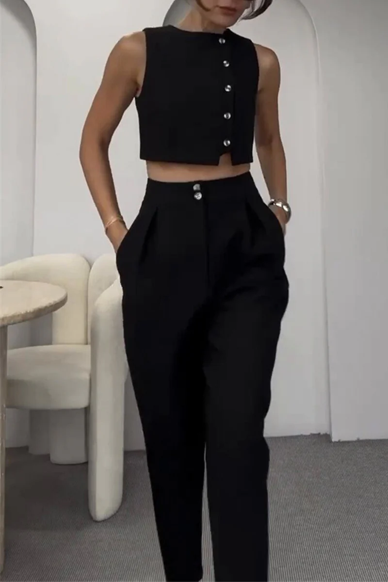 Casual Pocket Buttons O Neck Sleeveless Two Pieces - Panekey