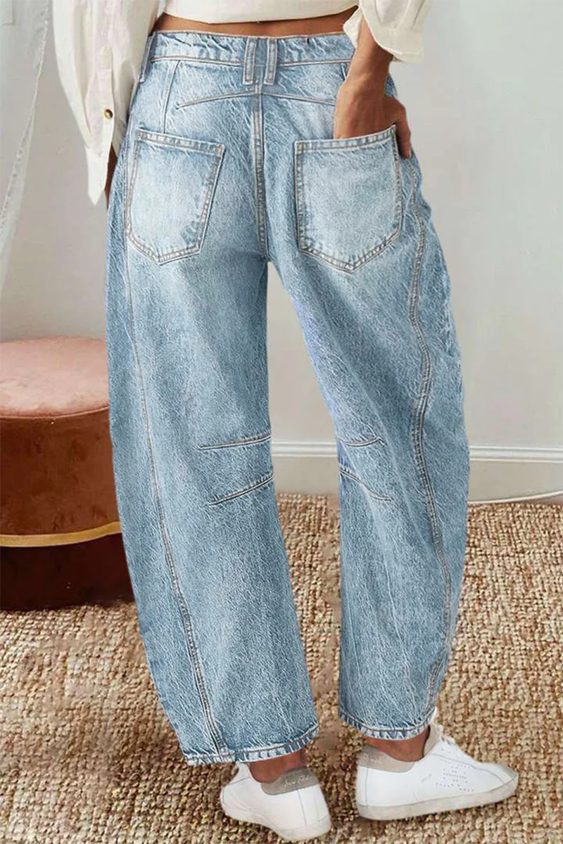 Casual Distressed Contrast Mid Waist Denim Jeans - Panekey