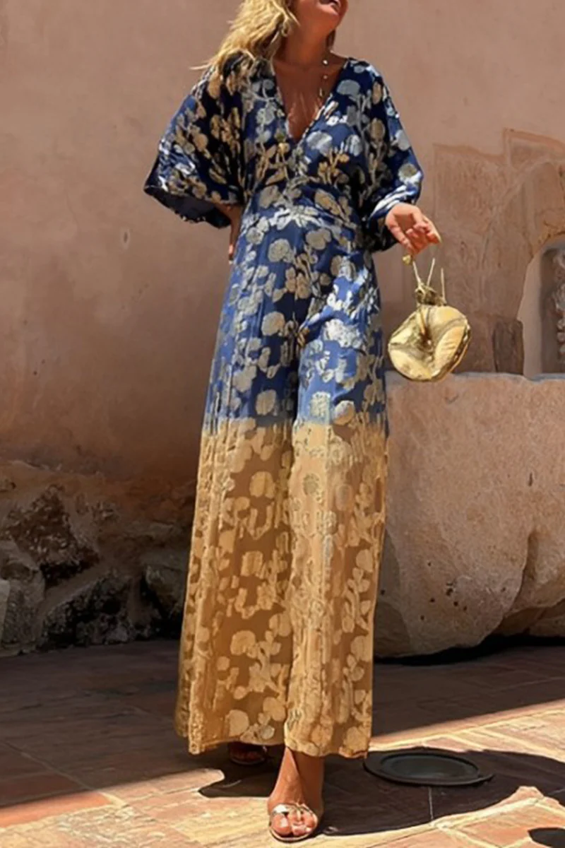 Casual Daily Gradient Print Bronzing Pattern V Neck Loose Jumpsuits - Panekey