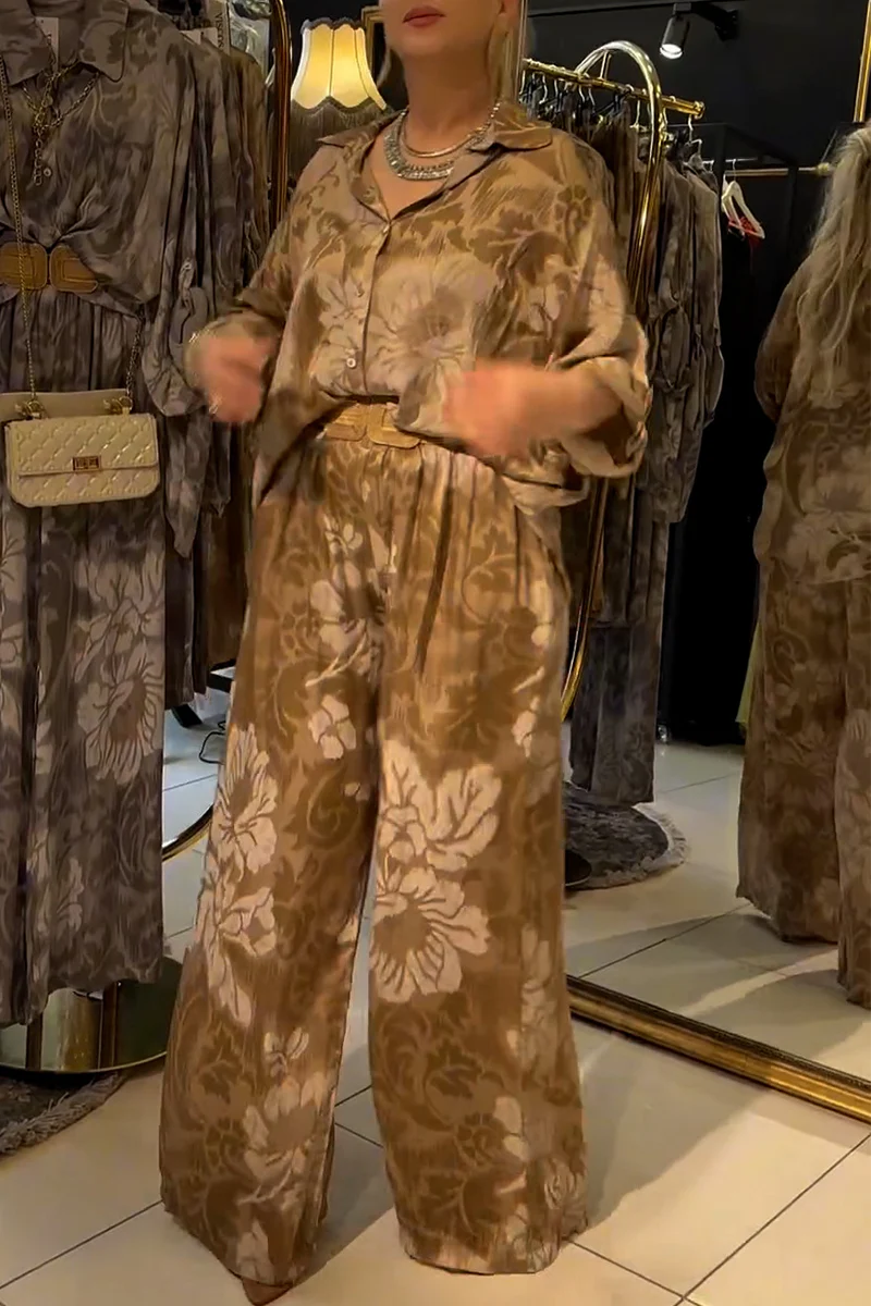 Casual Floral Print Buttons Turndown Collar Long Sleeve Two Pieces - Panekey