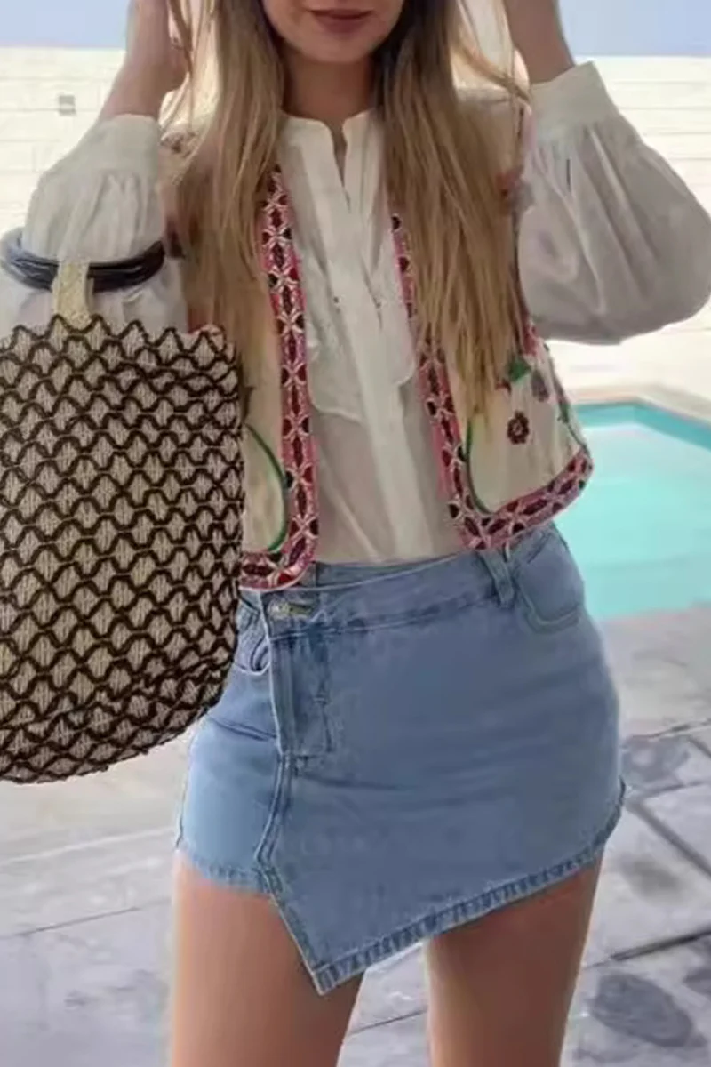 Casual Floral Print Embroidered Cardigan Collar Waistcoats - Panekey