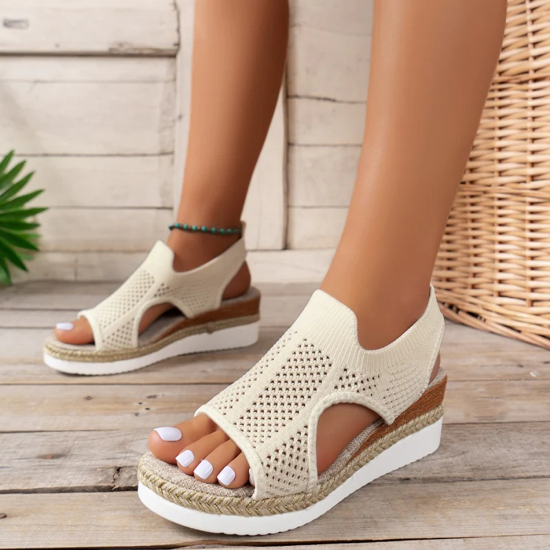 Casual Hollowed Out Patchwork Contrast Fish Mouth Out Wedges Shoes (Heel Height 2.16in) - Panekey