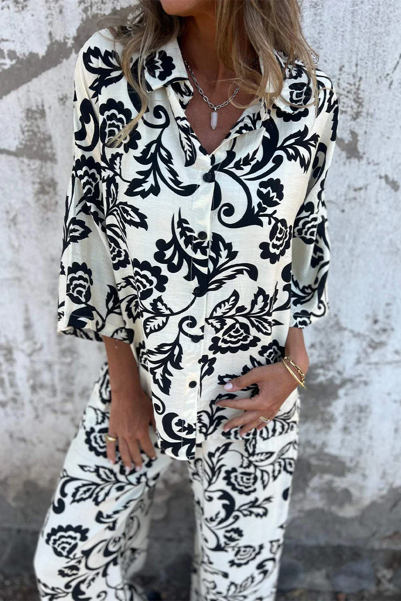 Casual Floral Print Pocket Contrast Turndown Collar Three Quarter Two Pieces - Panekey